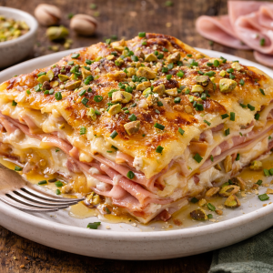 Lasaña mortadella pistacho